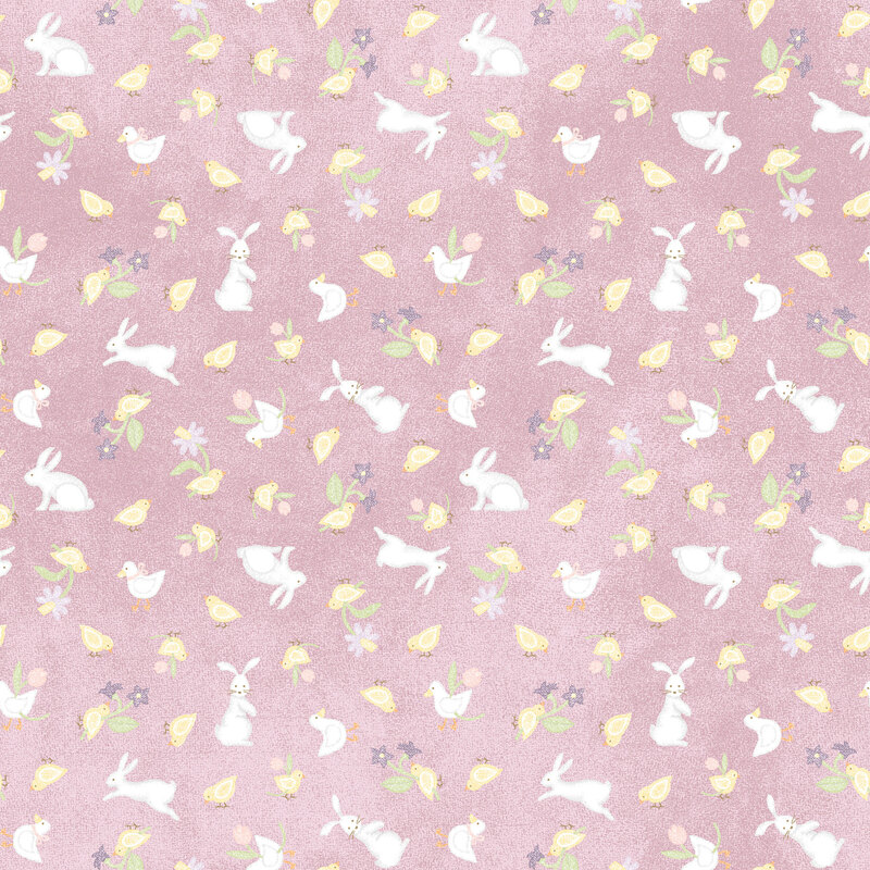soft pastel purple fabric featuring bunnies, with baby chicks and ducks holding flowers