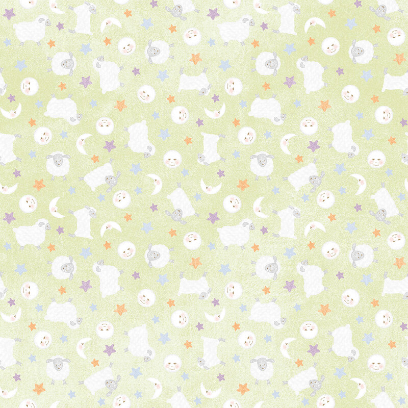 soft pastel green fabric featuring little lambs, stars, and moons
