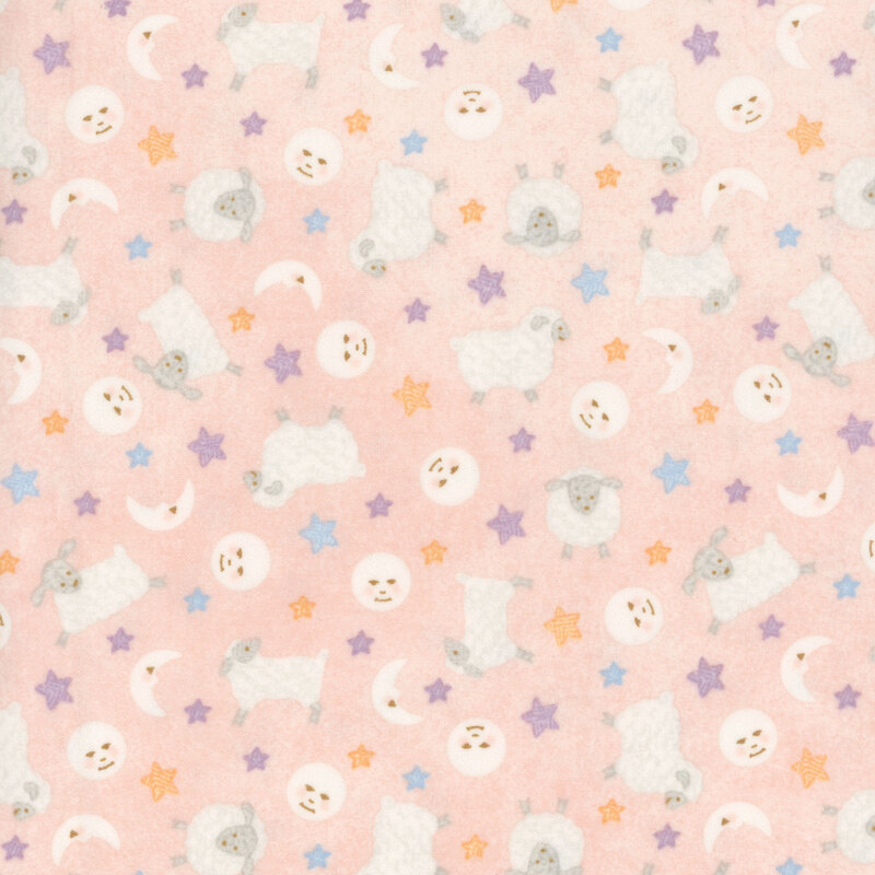 soft pastel pink fabric featuring little lambs, stars, and moons.