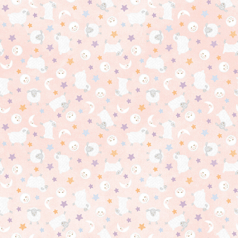 soft pastel pink fabric featuring little lambs, stars, and moons