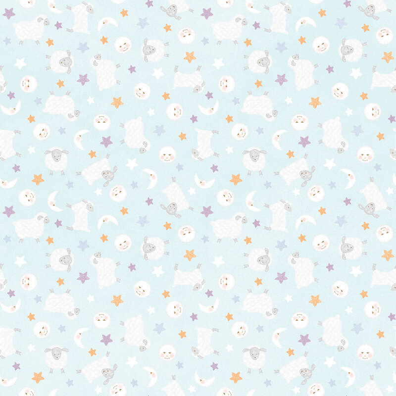 soft pastel aqua fabric featuring little lambs, stars, and moons
