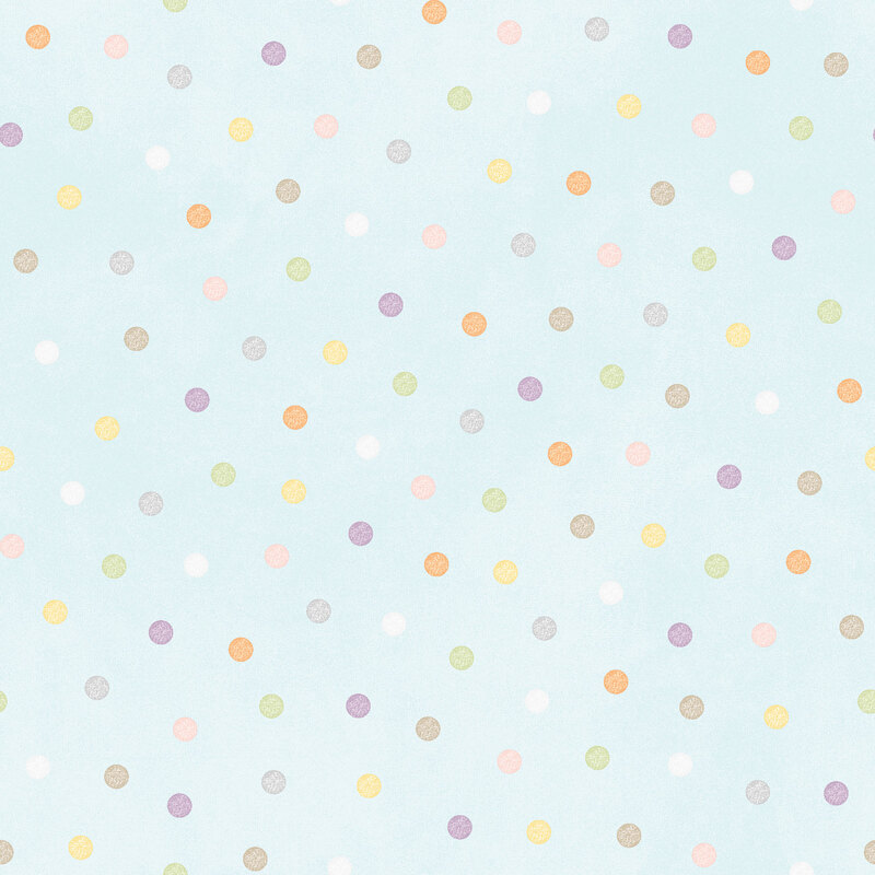 soft pastel aqua fabric featuring pastel multicolored polka dots
