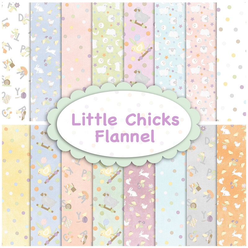 Collage of fabrics in Little Chicks Flannel FQ Set featuring chicks, bunnies, and sheep in pastels