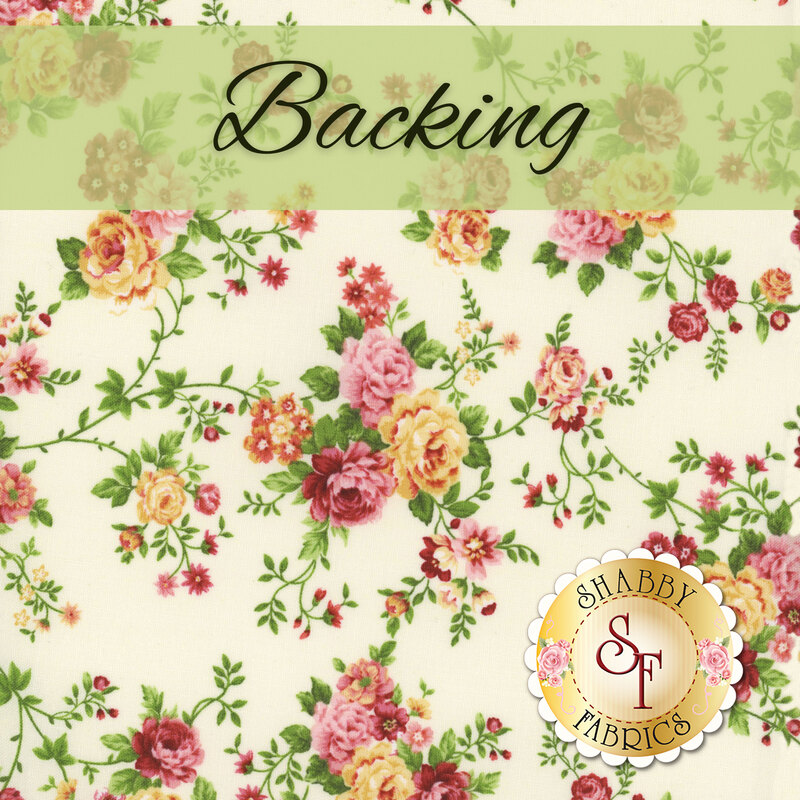 A cream fabric with sprawling green vines and red, pink, and yellow roses. A pastel green banner at the top reads 
