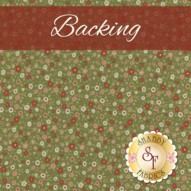 A swatch of Christmas green fabric, packed with a calico print of tiny red, white, and pink flowers. A crimson banner at the top reads 