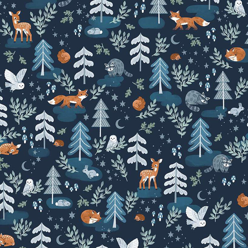 Dark blue fabric featuring a forest with wildlife animals