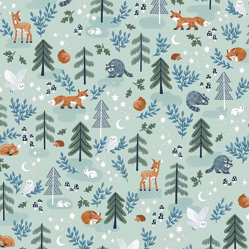 light aqua fabric featuring a forest with wildlife animals