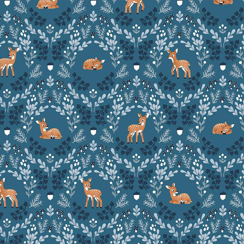 blue fabric featuring a damask like pattern of deer, leaves, acorns and mushrooms