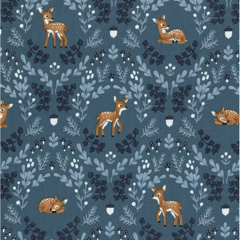 blue fabric featuring a damask like pattern of deer, leaves, acorns and mushrooms