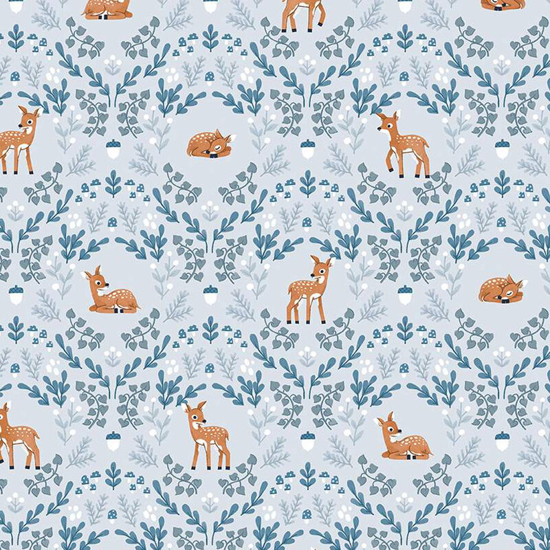 ice blue fabric featuring a damask like pattern of deer, leaves, acorns and mushrooms