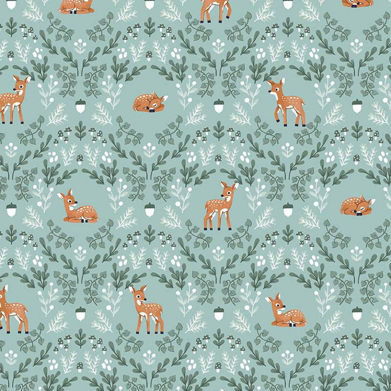 light aqua fabric featuring a damask like pattern of deer, leaves, acorns and mushrooms