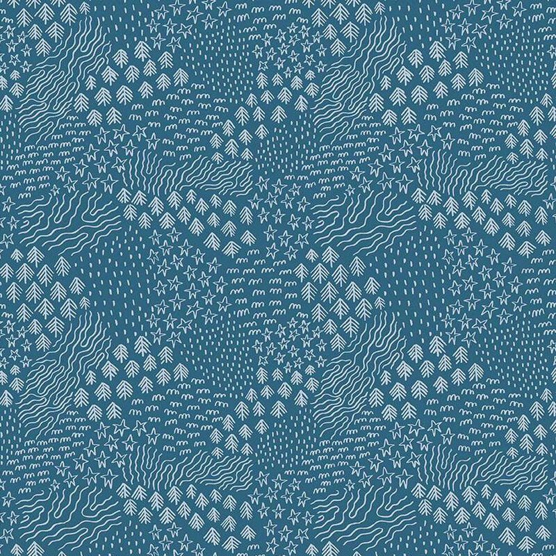 blue fabric featuring doodles of outdoor scenery