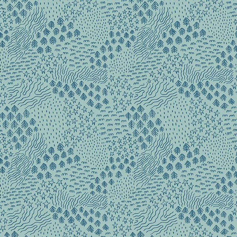 aqua blue fabric featuring doodles of outdoor scenery