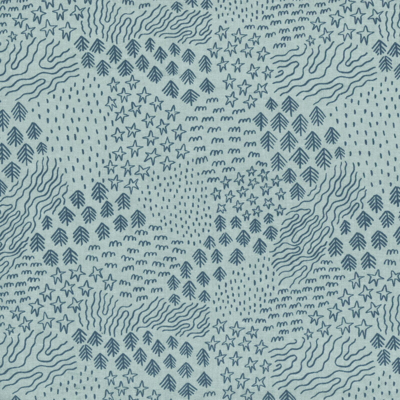 aqua blue fabric featuring doodles of outdoor scenery