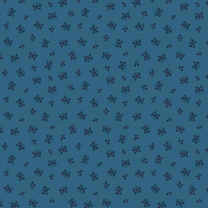 blue fabric featuring tossed raccoon heads and sprigs