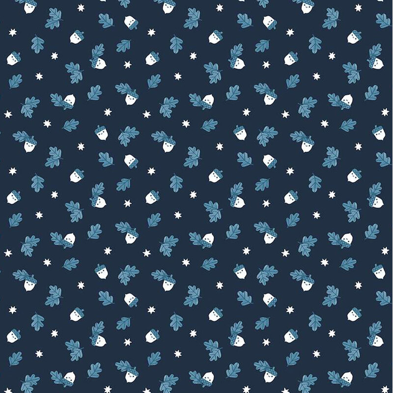 dark blue fabric featuring tossed acorns, leaves and stars