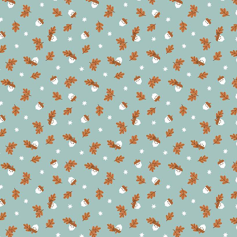 light aqua fabric featuring tossed acorns, leaves and stars