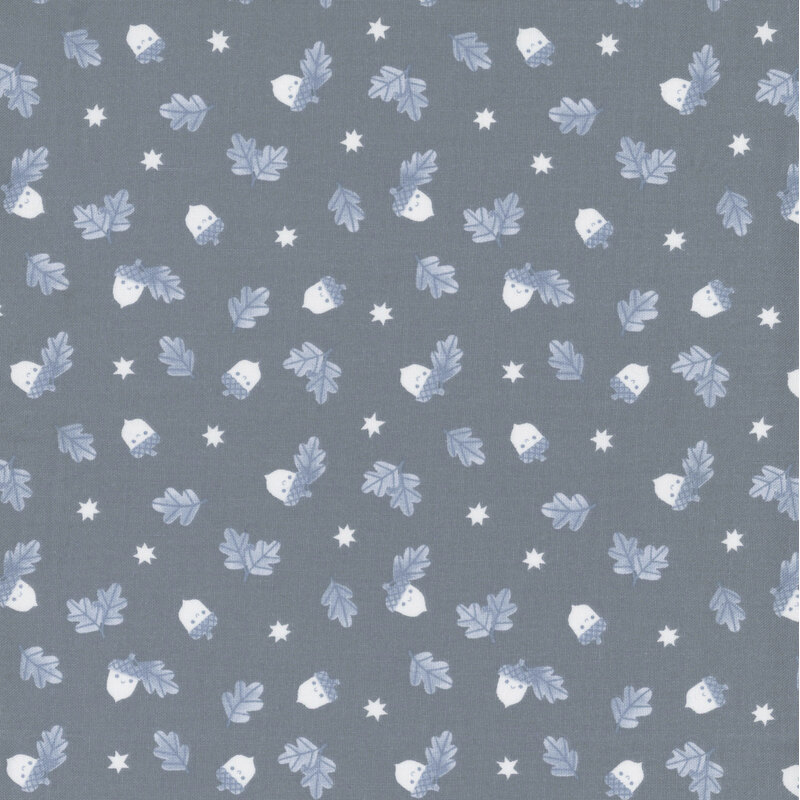 blue fabric featuring tossed acorns, leaves and stars