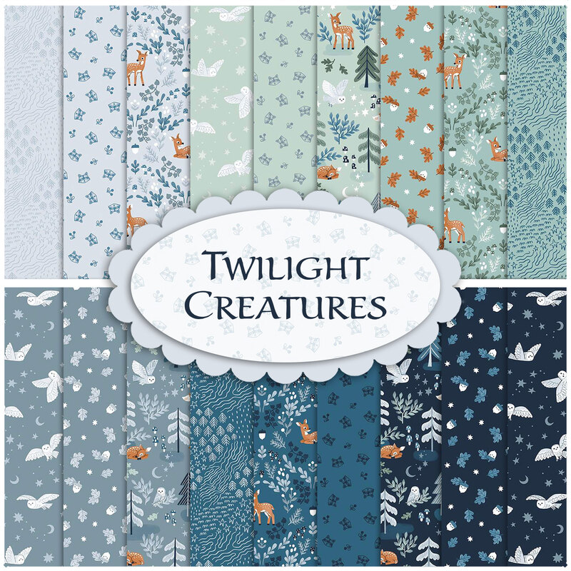 Collage of fabrics in Twilight Creatures FQ Set featuring forest animals in shades of blue
