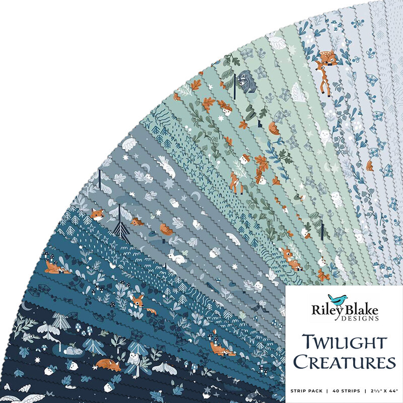 Collage of fabrics in Twilight Creatures Rolie Polie featuring forest animals in shades of blue