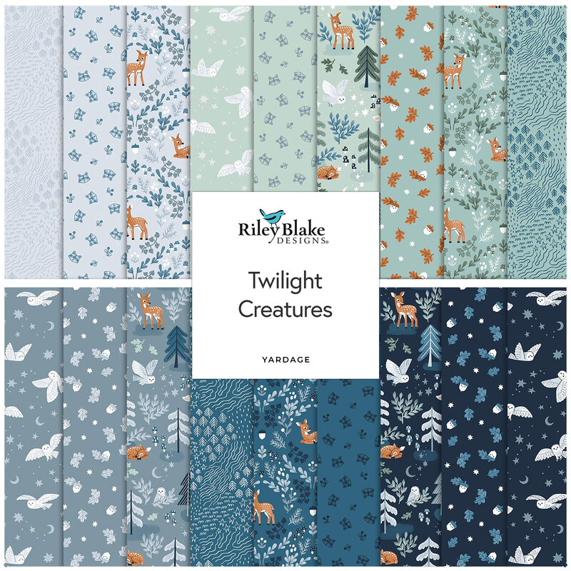 Collage of fabrics in Twilight Creatures Collage featuring forest animals in shades of blue