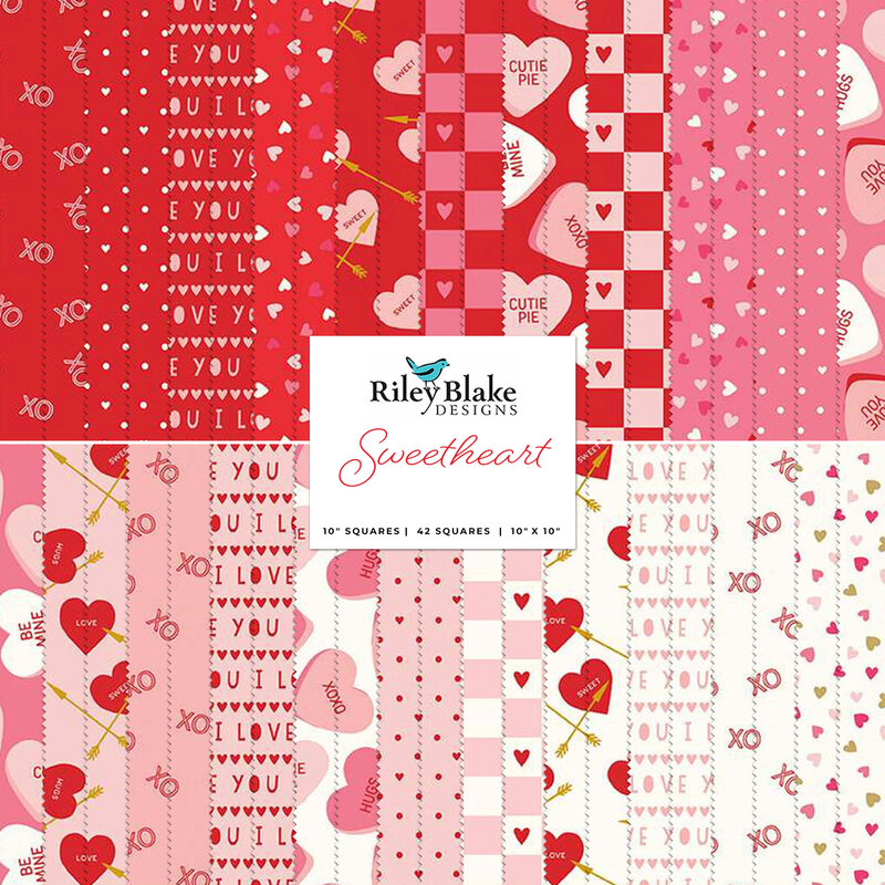 A stacked collage of red, pink, and white Valentine's Day fabrics in the Sweetheart collection
