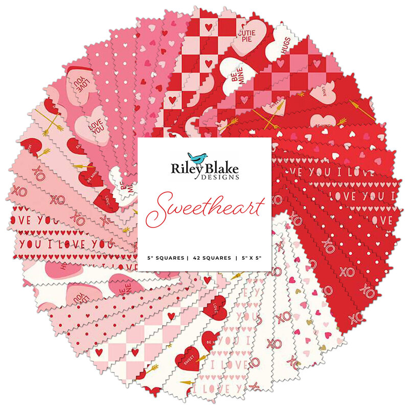 A spiraled collage of red, pink, and white Valentine's Day fabrics included in the Sweetheart collection