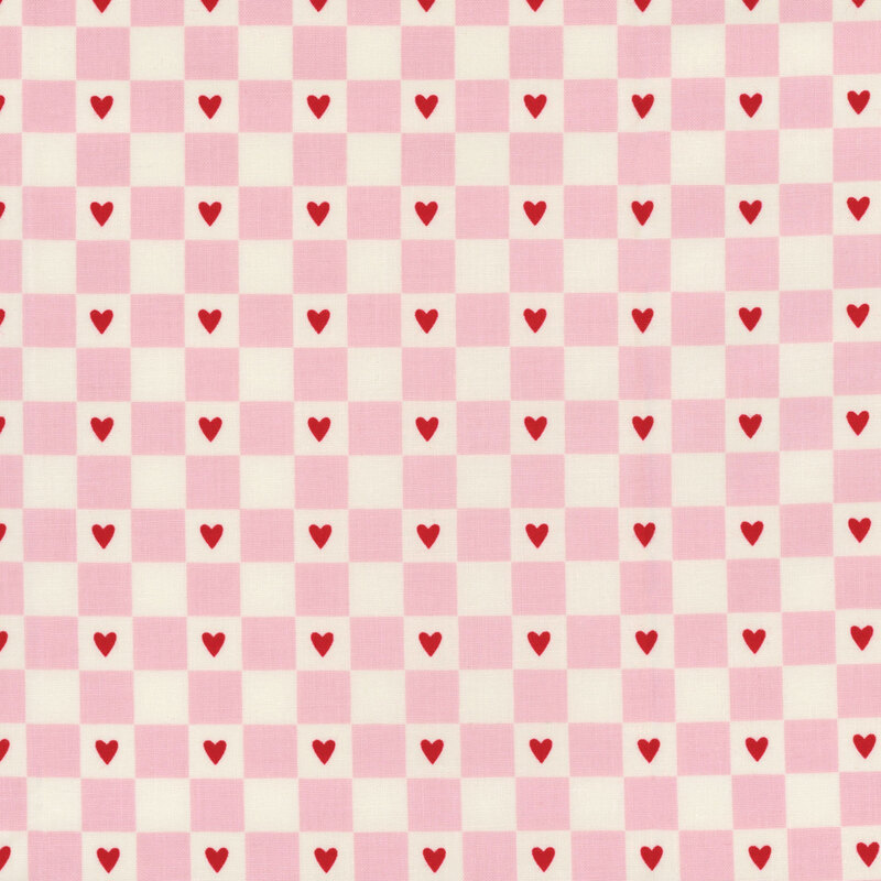 White and pink checkered print with small red hearts throughout