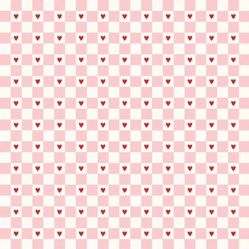 White and pink checkered print with small red hearts throughout