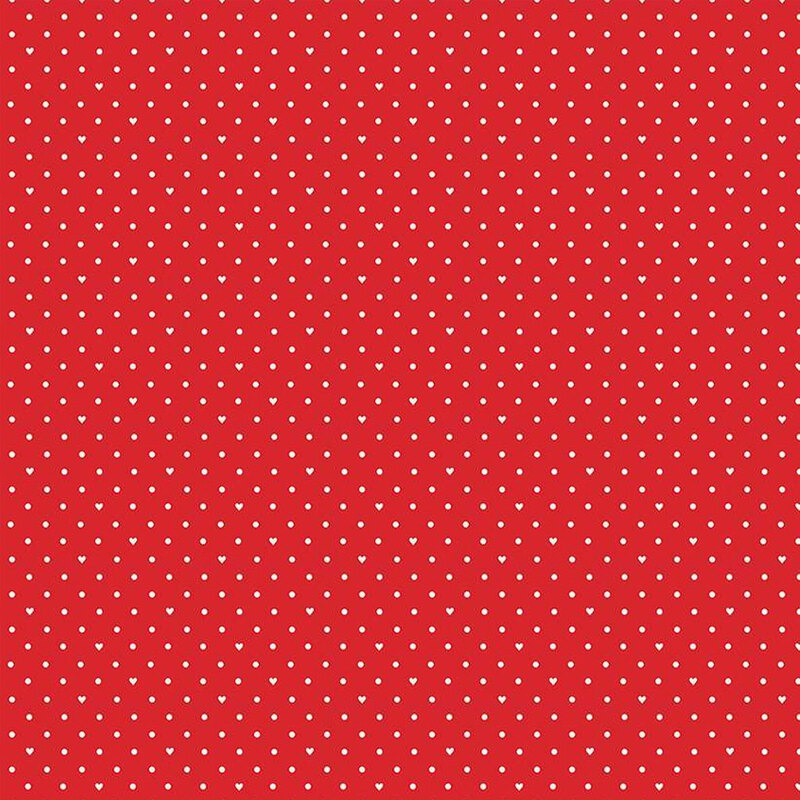 Bright red fabric with small white polka dots and hearts throughout