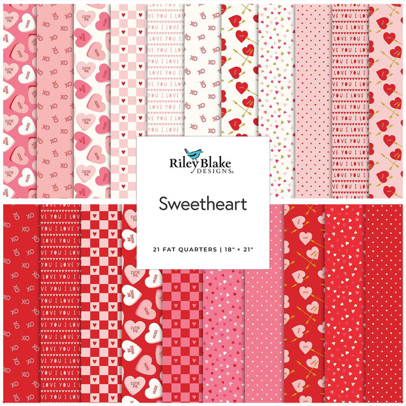 A collage of white, pink, and red fabrics included in the Sweetheart FQ Set