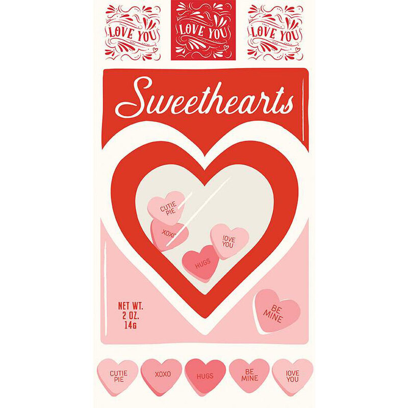 A fabric panel that looks like a box of Sweethearts candy