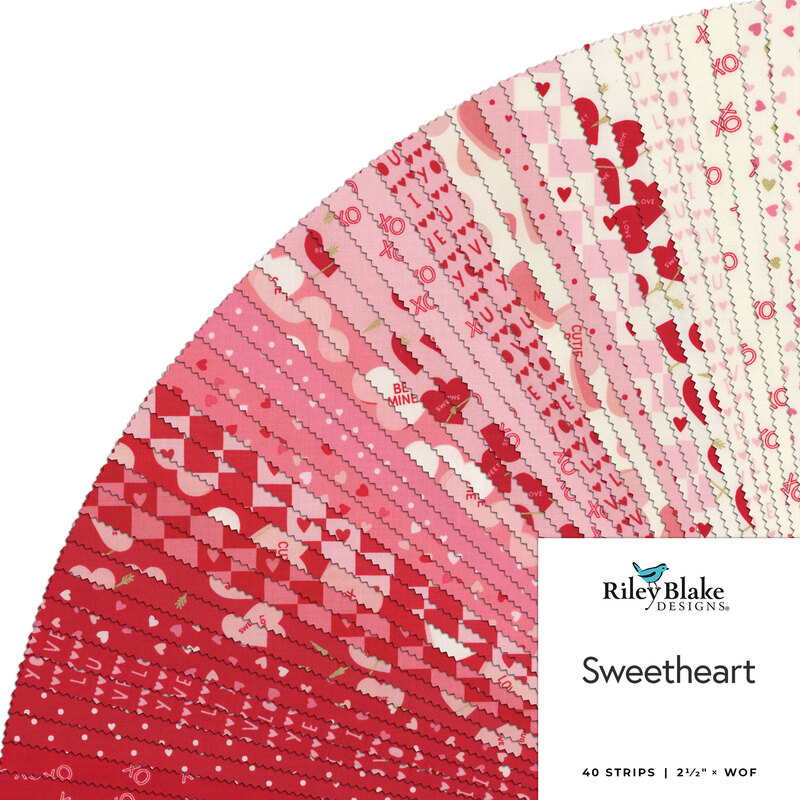 A fanned collage of red, pink, and white Valentine's Day fabrics in the Sweetheart collection