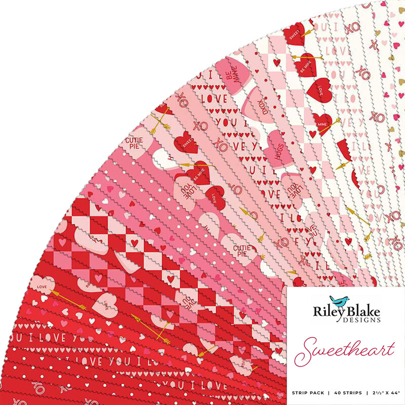 A fanned collage of red, pink, and white Valentine's Day fabrics in the Sweetheart collection