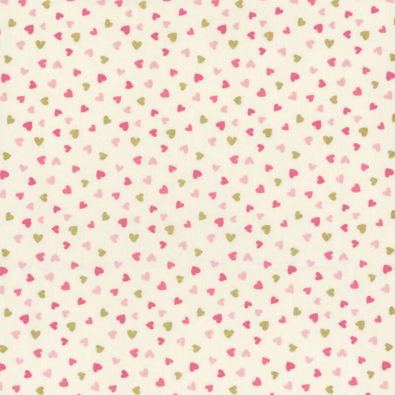 A white background filled with small hearts in various shades of pink and gold, arranged in a repeating pattern.