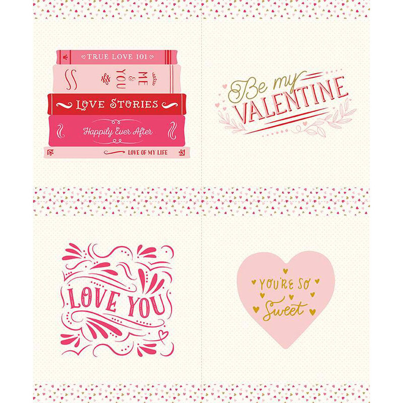 A cream fabric panel featuring 4 blocks, each with pink Valentine's Day motifs