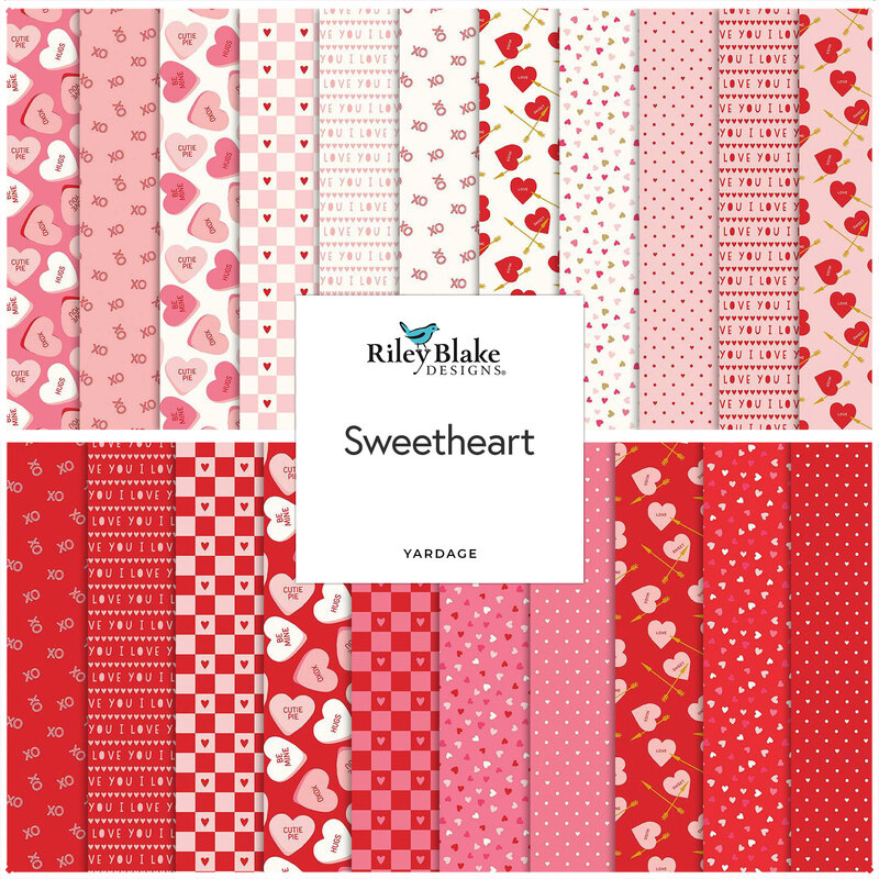 A collage of red, pink, and white fabrics included in the Sweetheart fabric collection