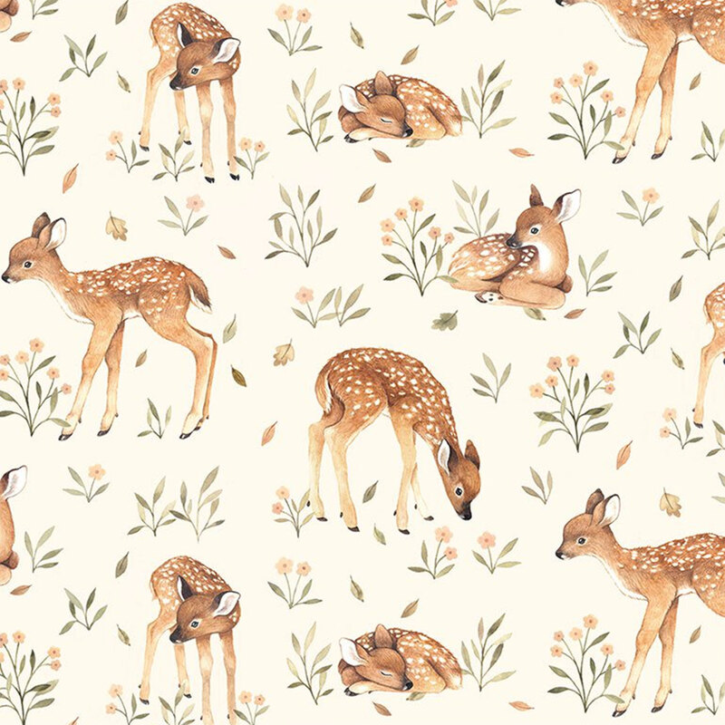 Light cream fabric with scenes of baby deer and small sprigs all over
