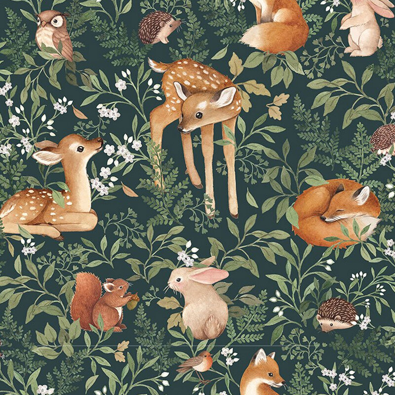Deep forest green fabric with scenes of baby deer, bunnies, squirrels, and foxed nestled in between vines and florals