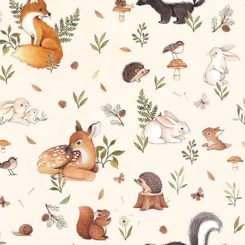 Light cream fabric with scenes of baby deer, hedgehogs, bunnies, birds, foxes, and skunks with small tossed sprigs throughout