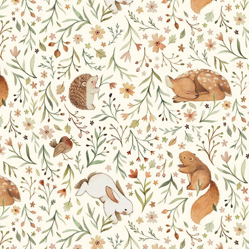 Light cream fabric with scenes of baby deer, squirrels, hedgehogs, bunnies and birds surrounded by small sprigs