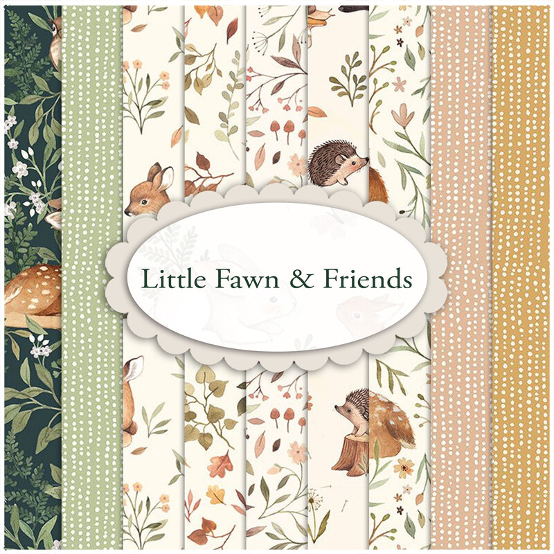 A collage of light cream, green, and tan fabrics with animals and vines in the Little Fawn & Friends collection
