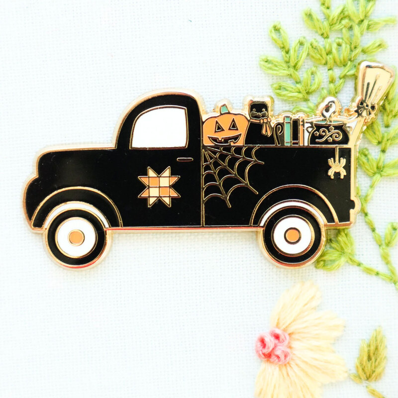 The Haunted Vintage Truck needle miner displayed on a hand embroidery project 