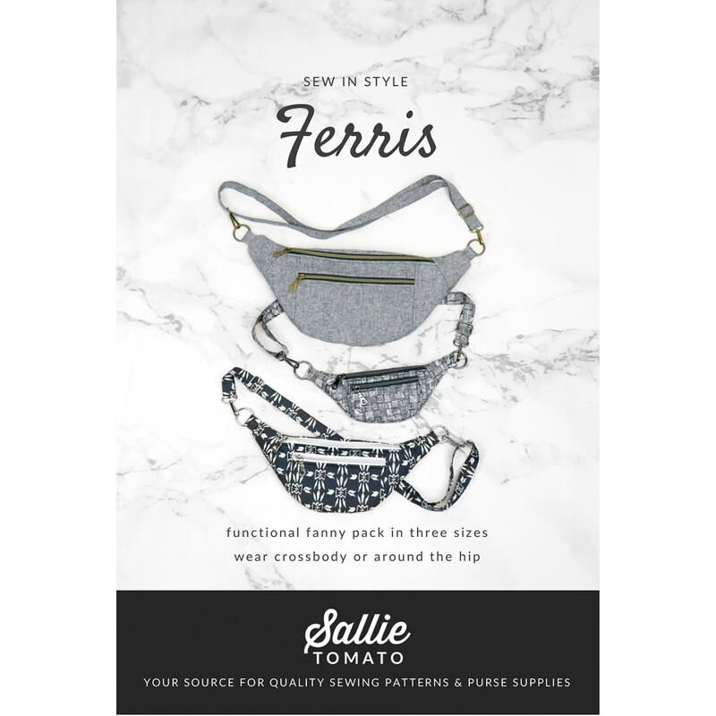 Front cover of pattern showing the completed fanny packs in three sizes, staged on a white marble countertop.