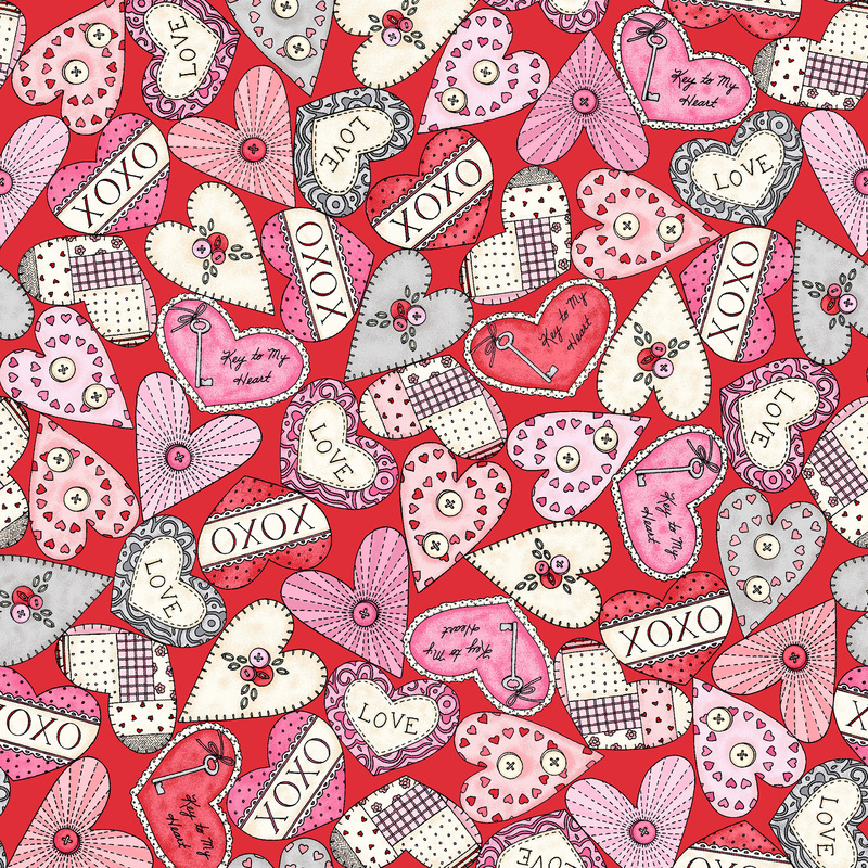 Red fabric with pink, white, and red hearts with fun sayings all over