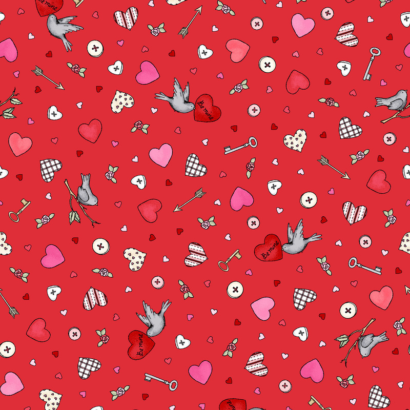 Red fabric with ditsy hearts, arrows, birds, buttons, arrows, and other Valentine's Day motifs