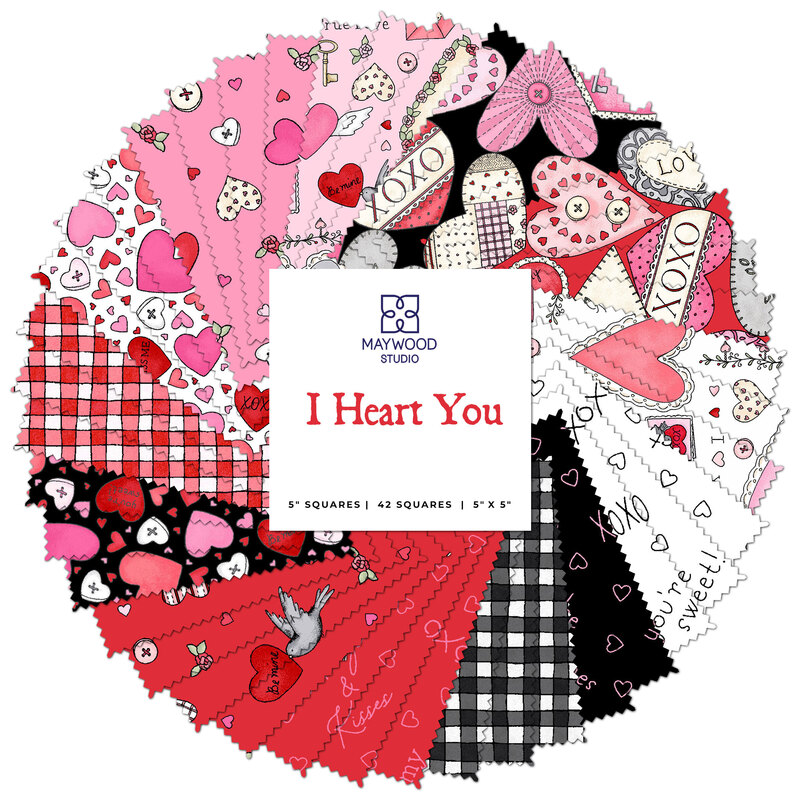 A spiraled collage of Valentine's Day fabrics included in the I Heart You 5