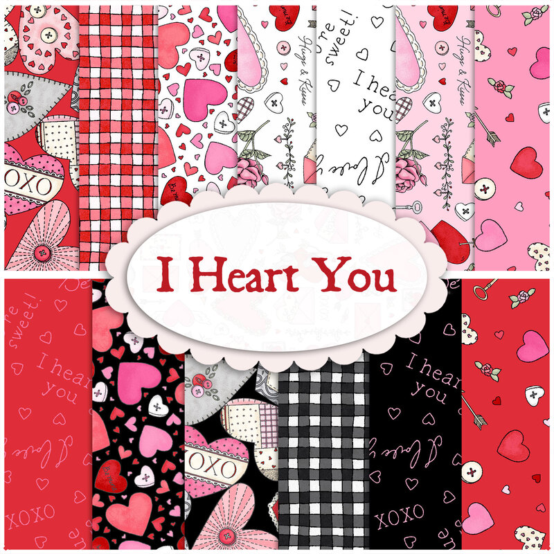 A collage of Valentine's Day fabrics included in the I Heart You FQ Set by Maywood Studio
