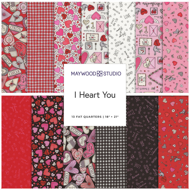 A collage of Valentine's Day fabrics included in the I Heart You FQ Set by Maywood Studio