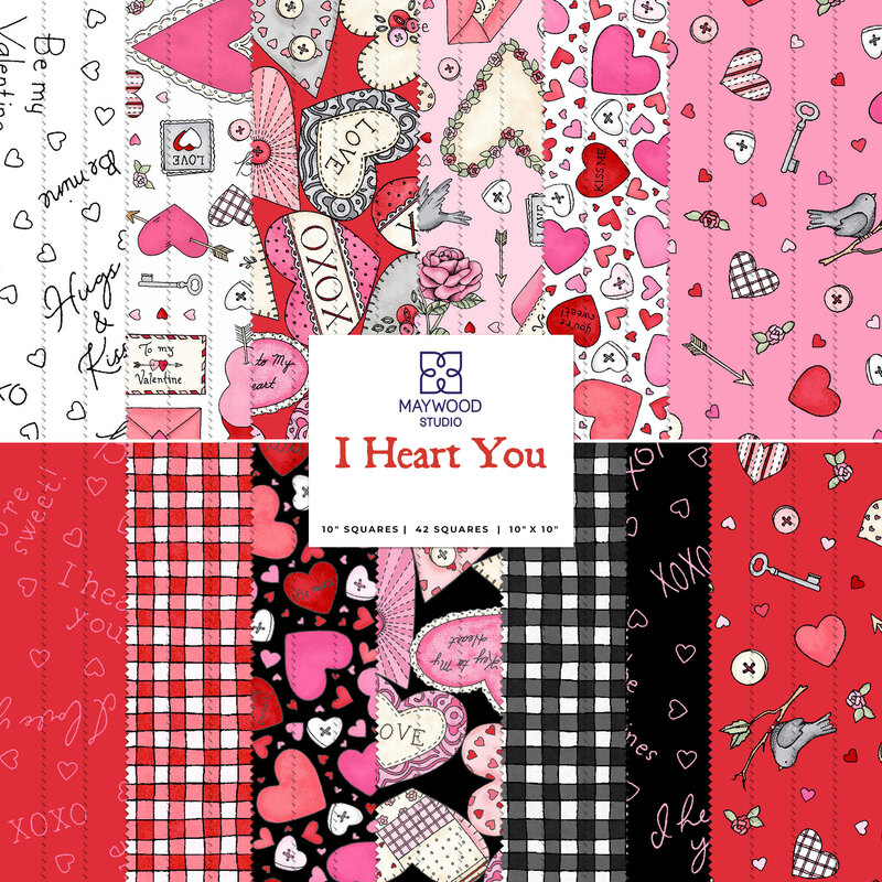 A collage of Valentine's Day fabrics included in the I Heart You 10